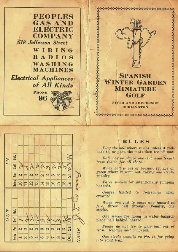 Spanish Winter Garden Miniature Golf scorecard and rules