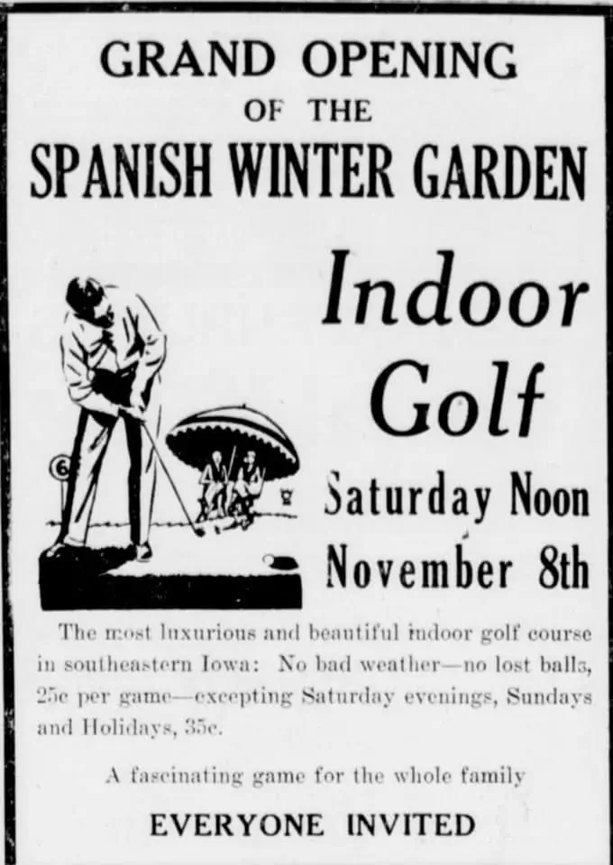 Grand Opening of the Spanish Winter Garden Indoor Golf, 1930 newspaper ad